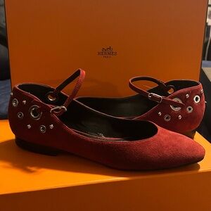 Hermes Jane Ballerina Flats suede Burgundy